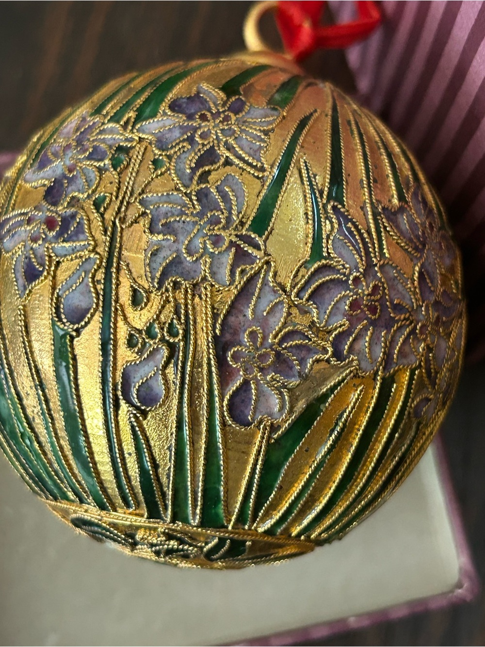 Gold Cloisonné Floral Ornament with Purple & Green Enamel
